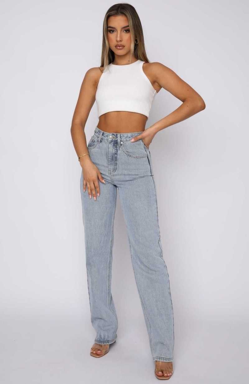 White Fox On Replay High Rise Straight Leg Jeans Ice Blue | GSVANU-058