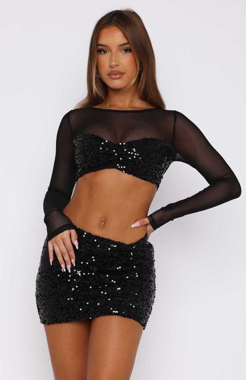 White Fox Party Don't Stop Sequin Long Sleeve Top Black | KVDTHY-654