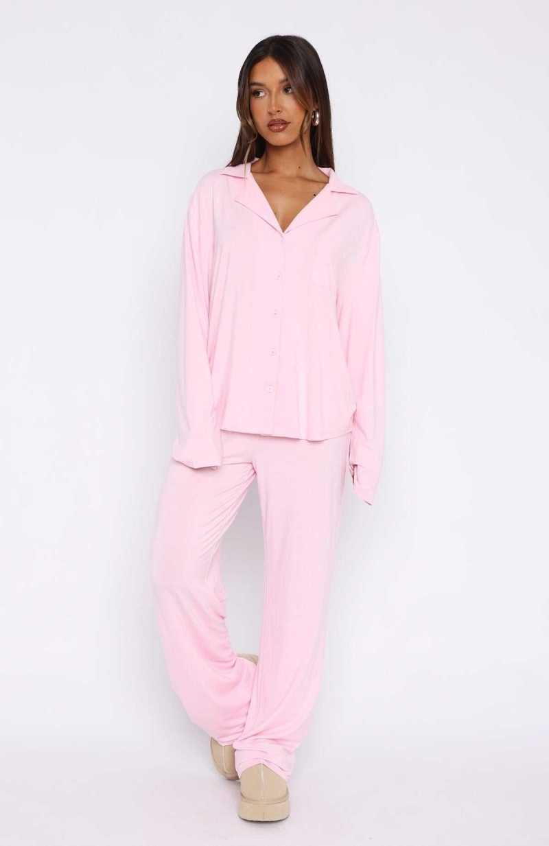 White Fox Pillow Talk Long Sleeve Pyjama Set Baby Pink | CNYATJ-539