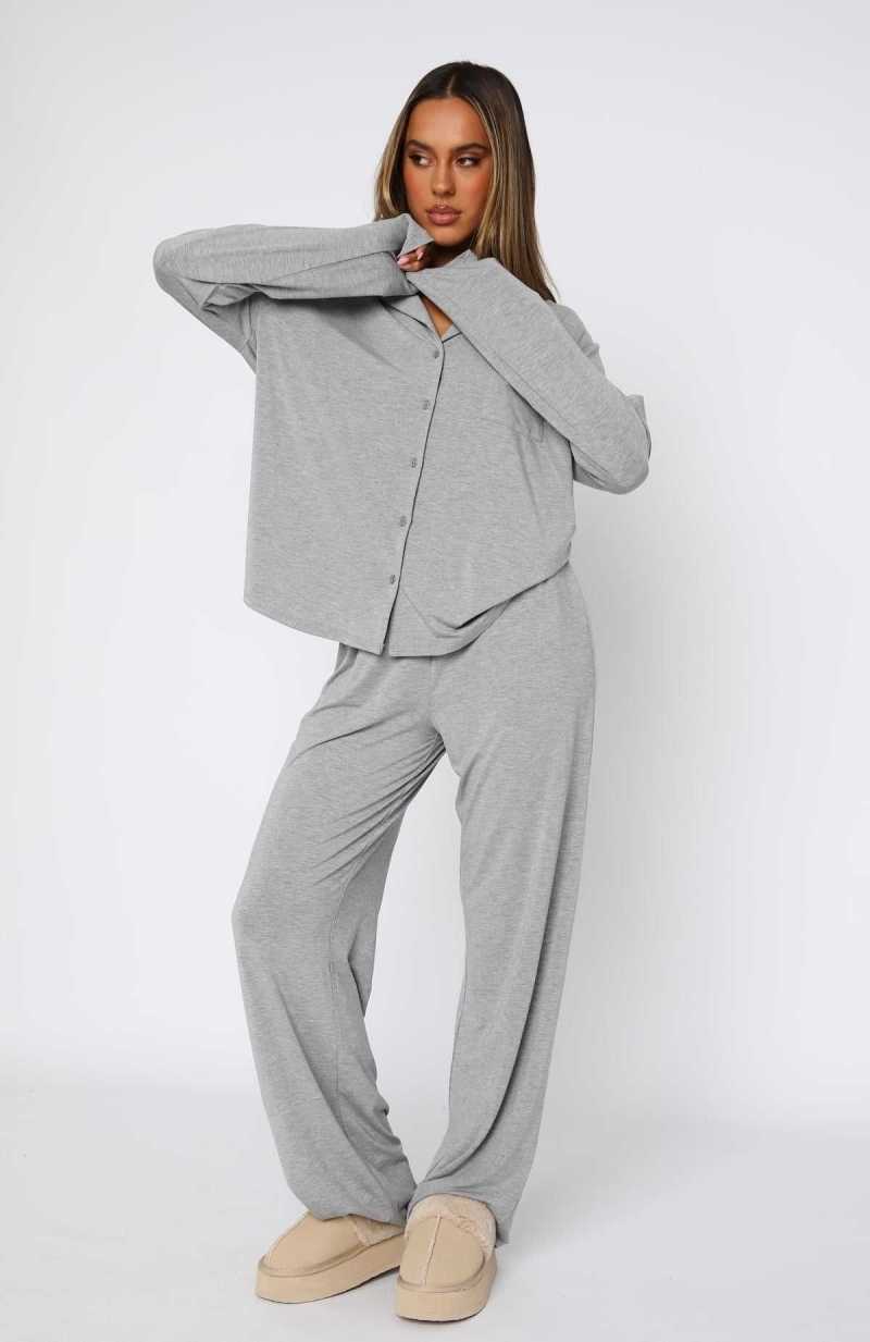 White Fox Pillow Talk Long Sleeve Pyjama Set Grey Marle | KWITJU-015