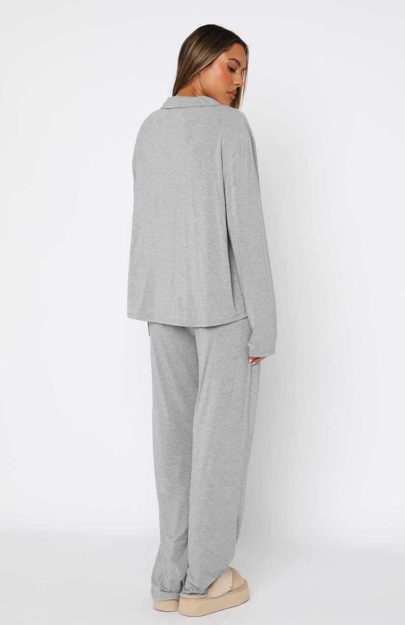 White Fox Pillow Talk Long Sleeve Pyjama Set Grey Marle | KWITJU-015