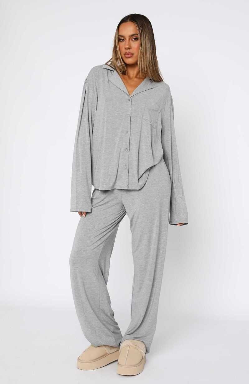 White Fox Pillow Talk Long Sleeve Pyjama Set Grey Marle | KWITJU-015