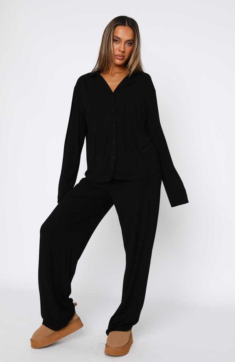 White Fox Pillow Talk Long Sleeve Pyjama Set Black | QSULVY-107