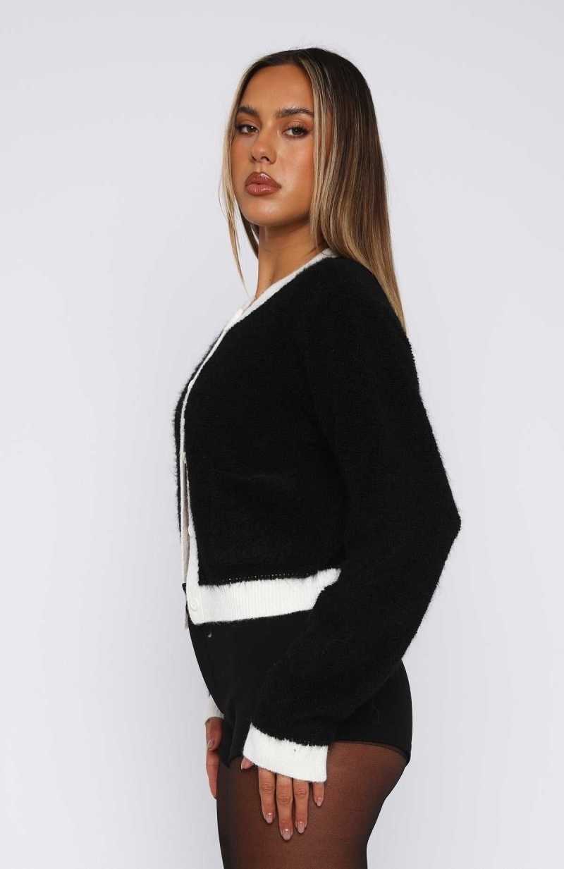 White Fox Prim And Proper Knit Cardigan Black/White | XFKZGO-574