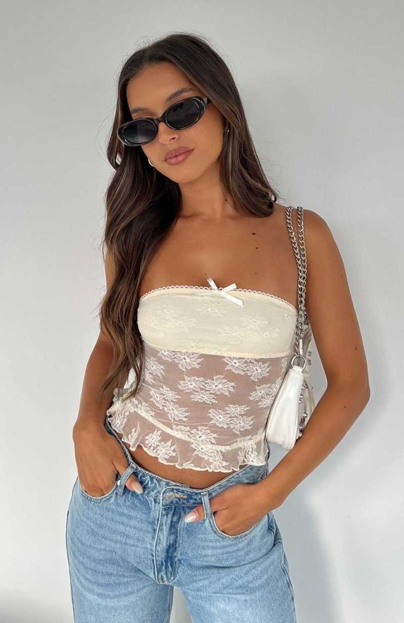 White Fox Prove You Wrong Strapless Lace Top Cream | XJVANY-473