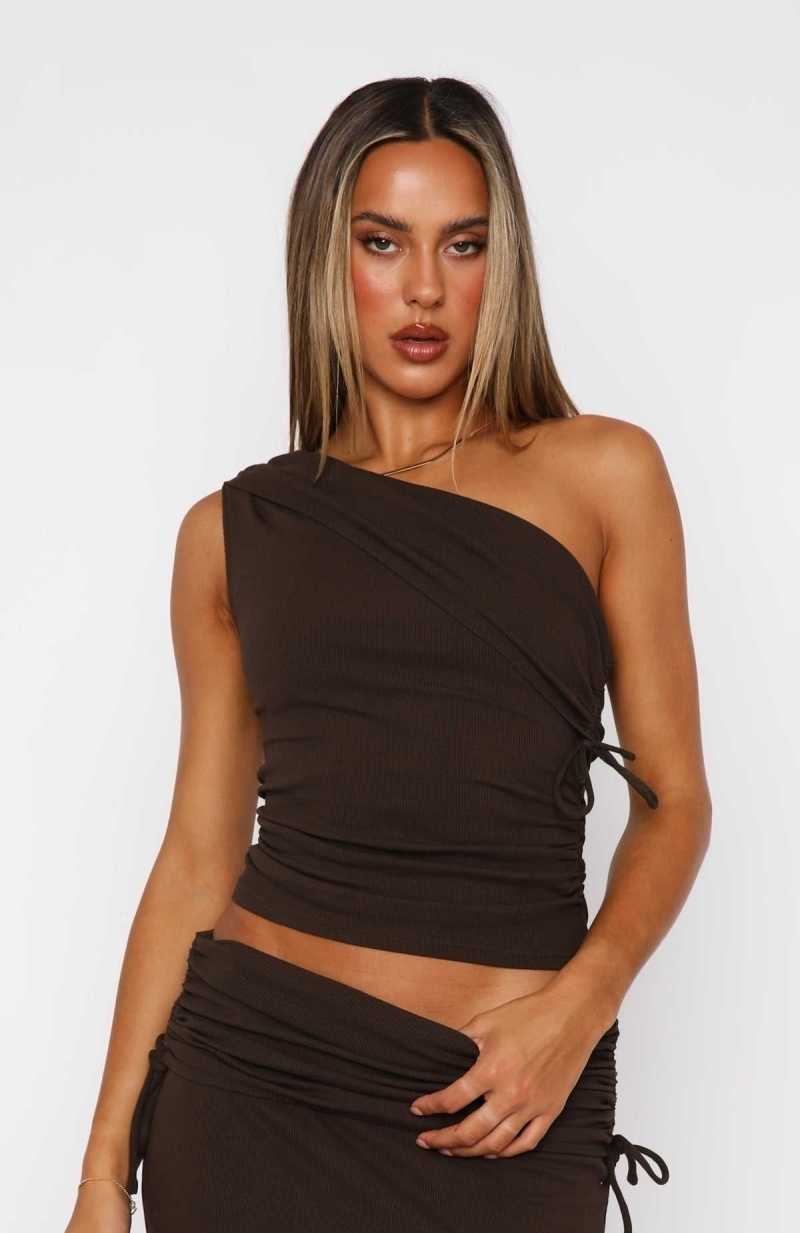 White Fox Rising Star One Shoulder Top Chocolate | STAJZE-039