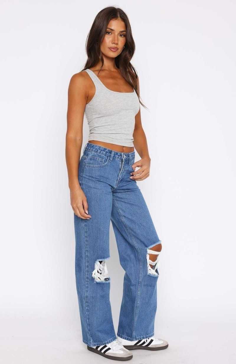 White Fox Romie Mid Rise Wide Leg Jeans True Blue Wash | FWQIVO-241