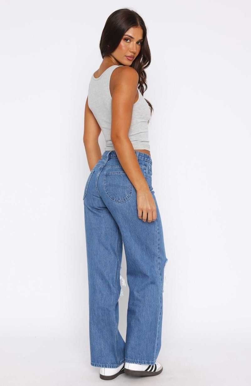 White Fox Romie Mid Rise Wide Leg Jeans True Blue Wash | FWQIVO-241