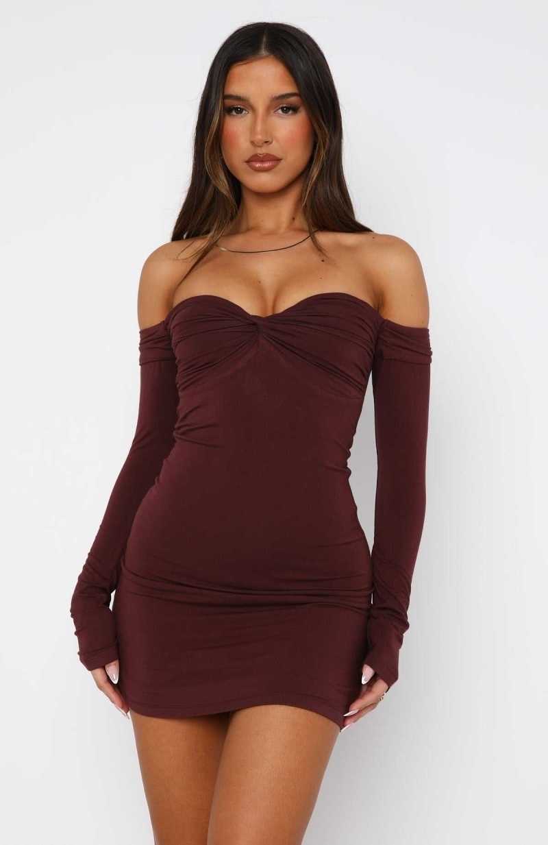 White Fox Running Out Of Time Off Shoulder Long Sleeve Mini Dress Chocolate | GQUBVL-092