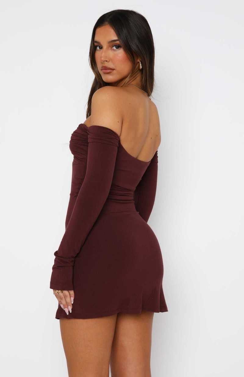 White Fox Running Out Of Time Off Shoulder Long Sleeve Mini Dress Chocolate | GQUBVL-092