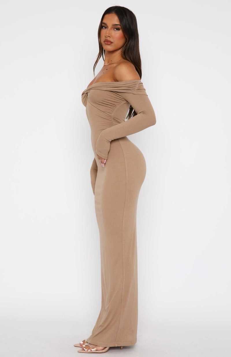 White Fox Save It Long Sleeve Maxi Dress Taupe | TYIKQH-987