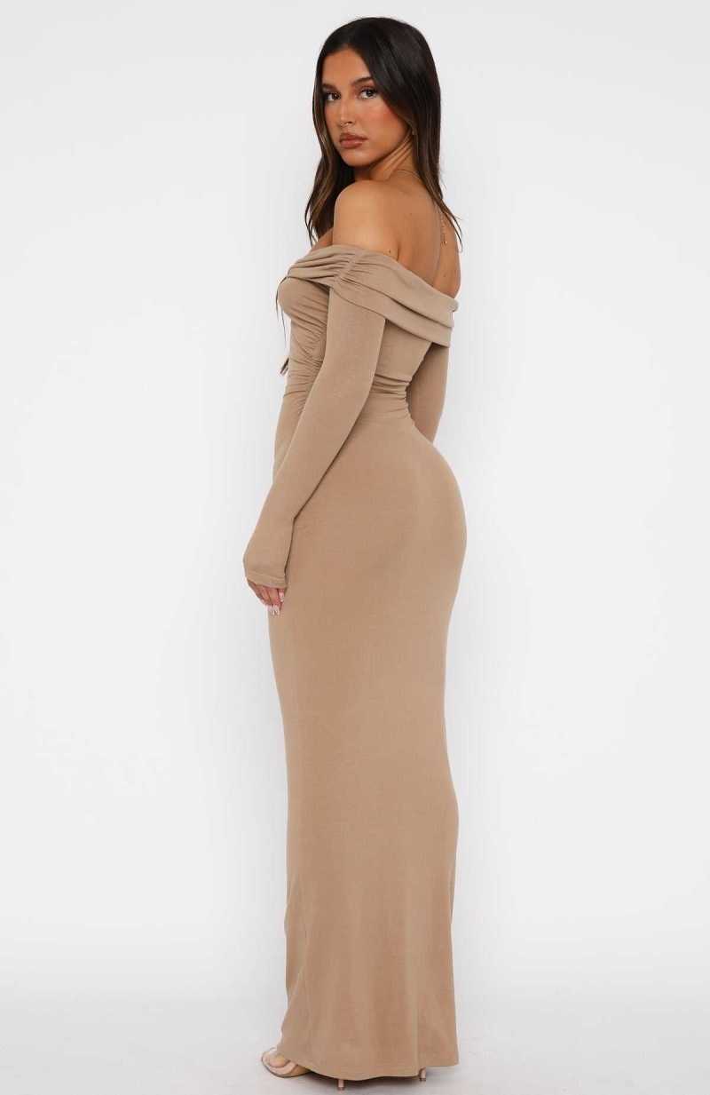 White Fox Save It Long Sleeve Maxi Dress Taupe | TYIKQH-987