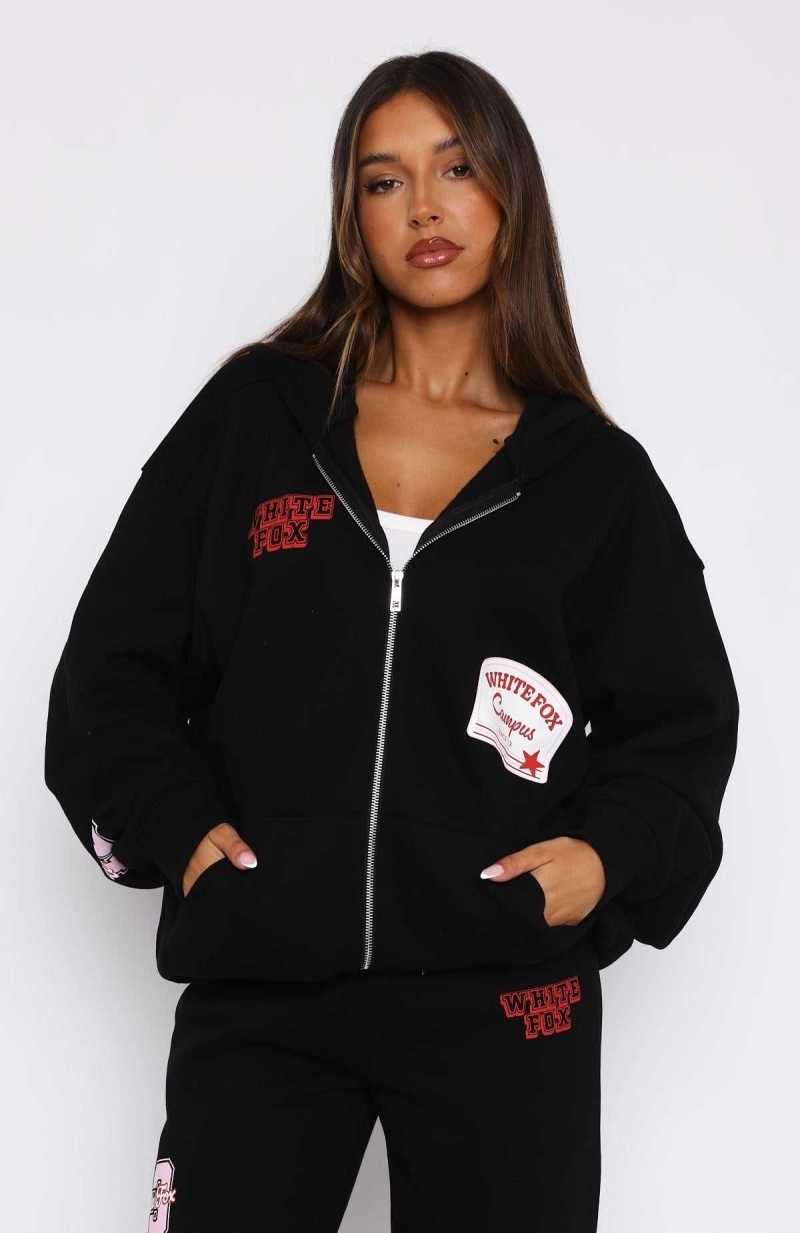 White Fox Save My Number Zip Front Hoodie Black | OBPWQT-925