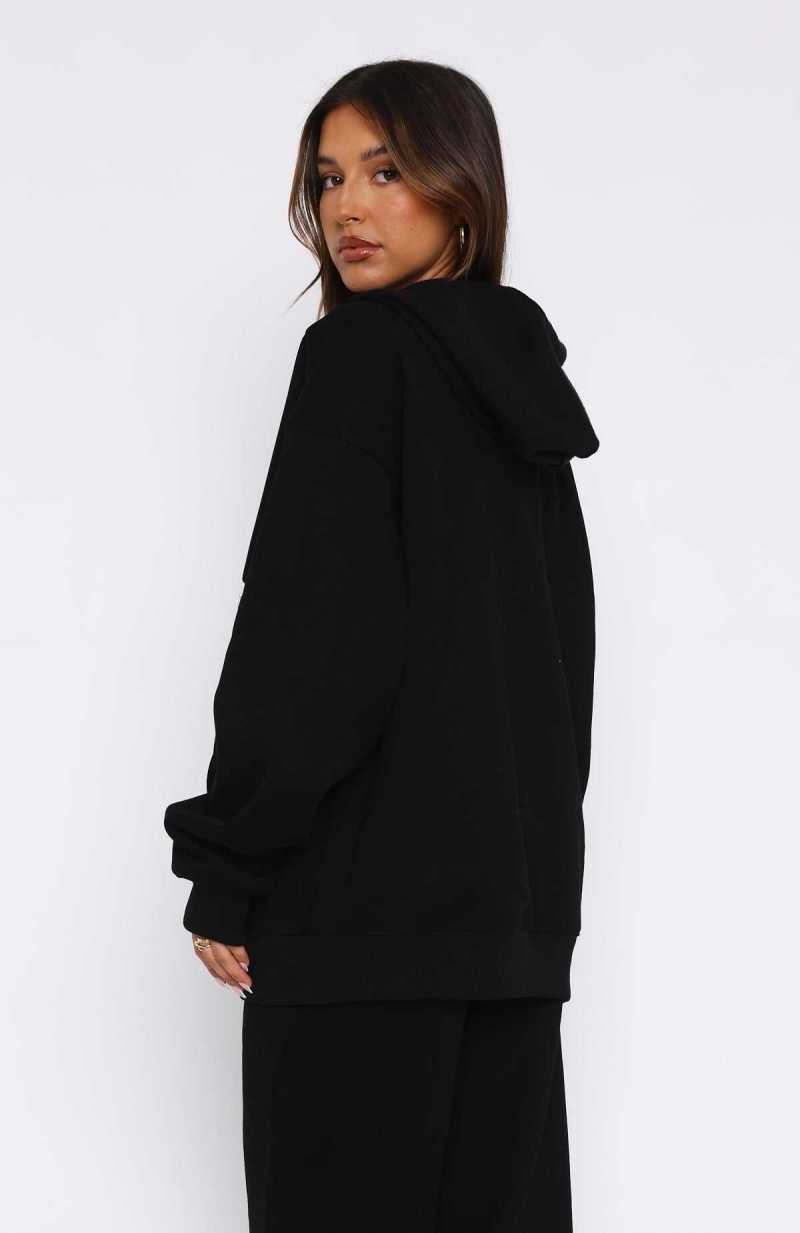 White Fox Save My Number Zip Front Hoodie Black | OBPWQT-925