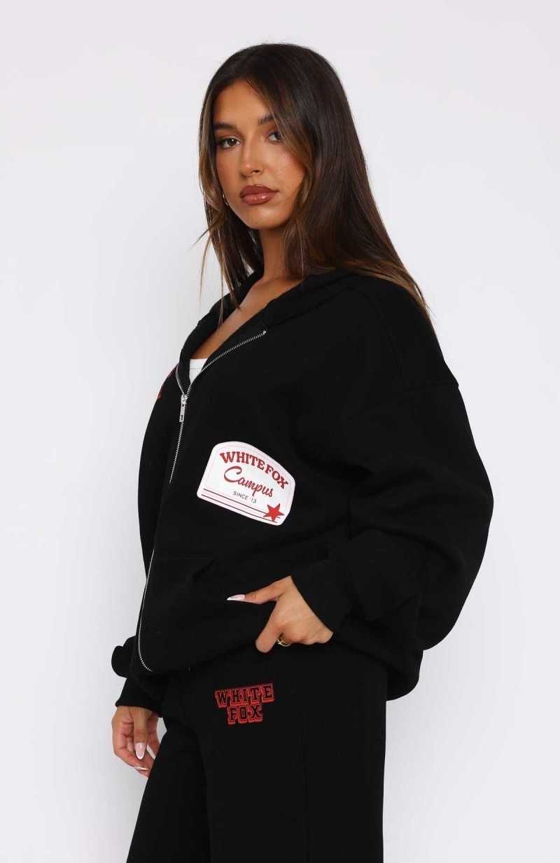 White Fox Save My Number Zip Front Hoodie Black | OBPWQT-925