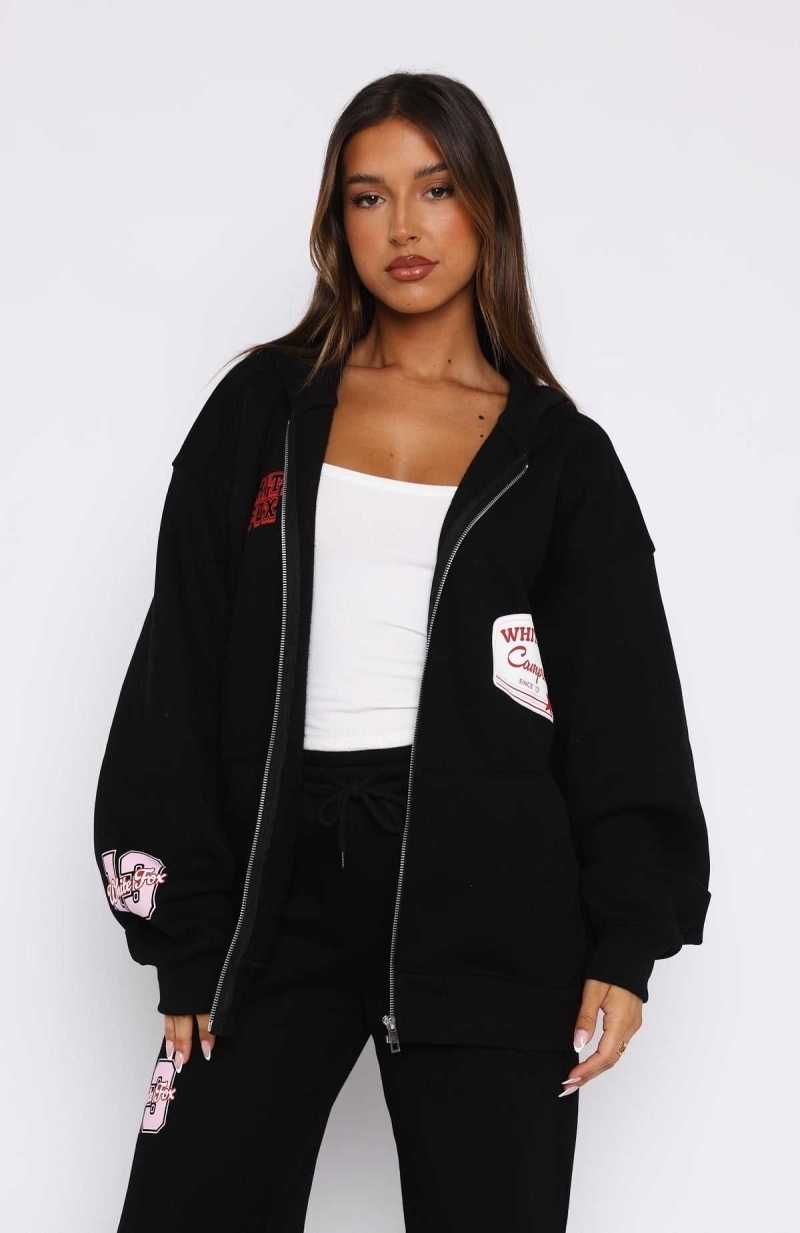 White Fox Save My Number Zip Front Hoodie Black | OBPWQT-925