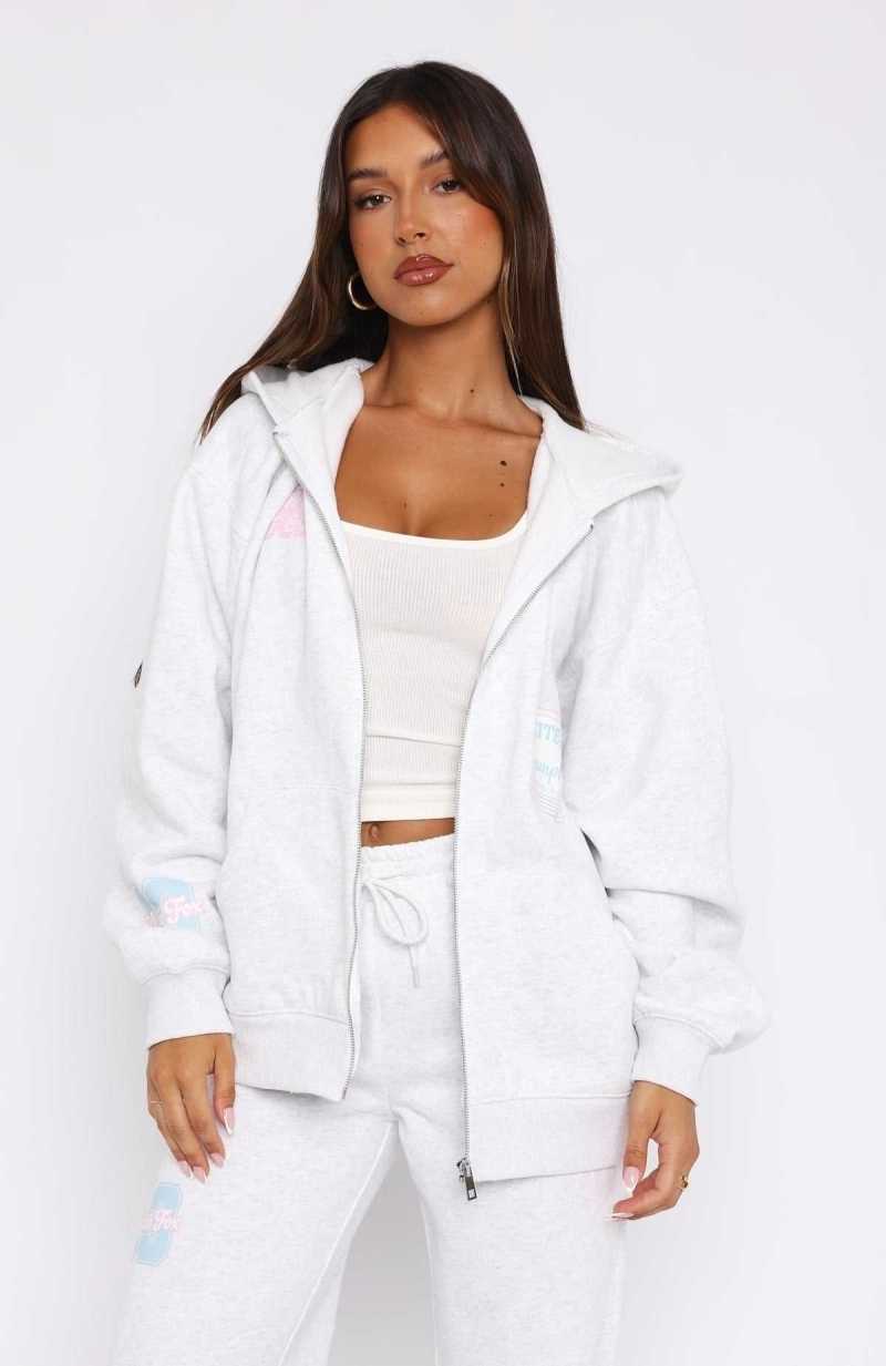 White Fox Save My Number Zip Front Hoodie Grey Marle | IJEBRV-247