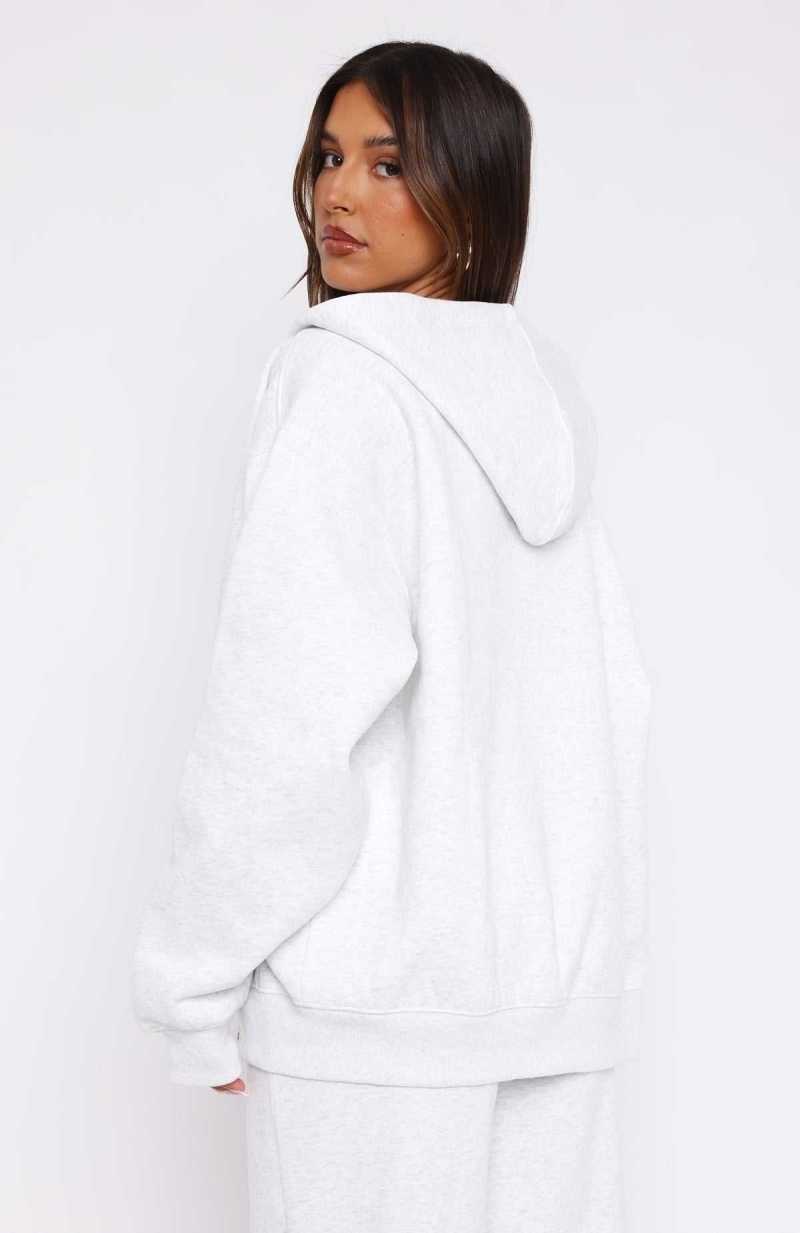 White Fox Save My Number Zip Front Hoodie Grey Marle | IJEBRV-247