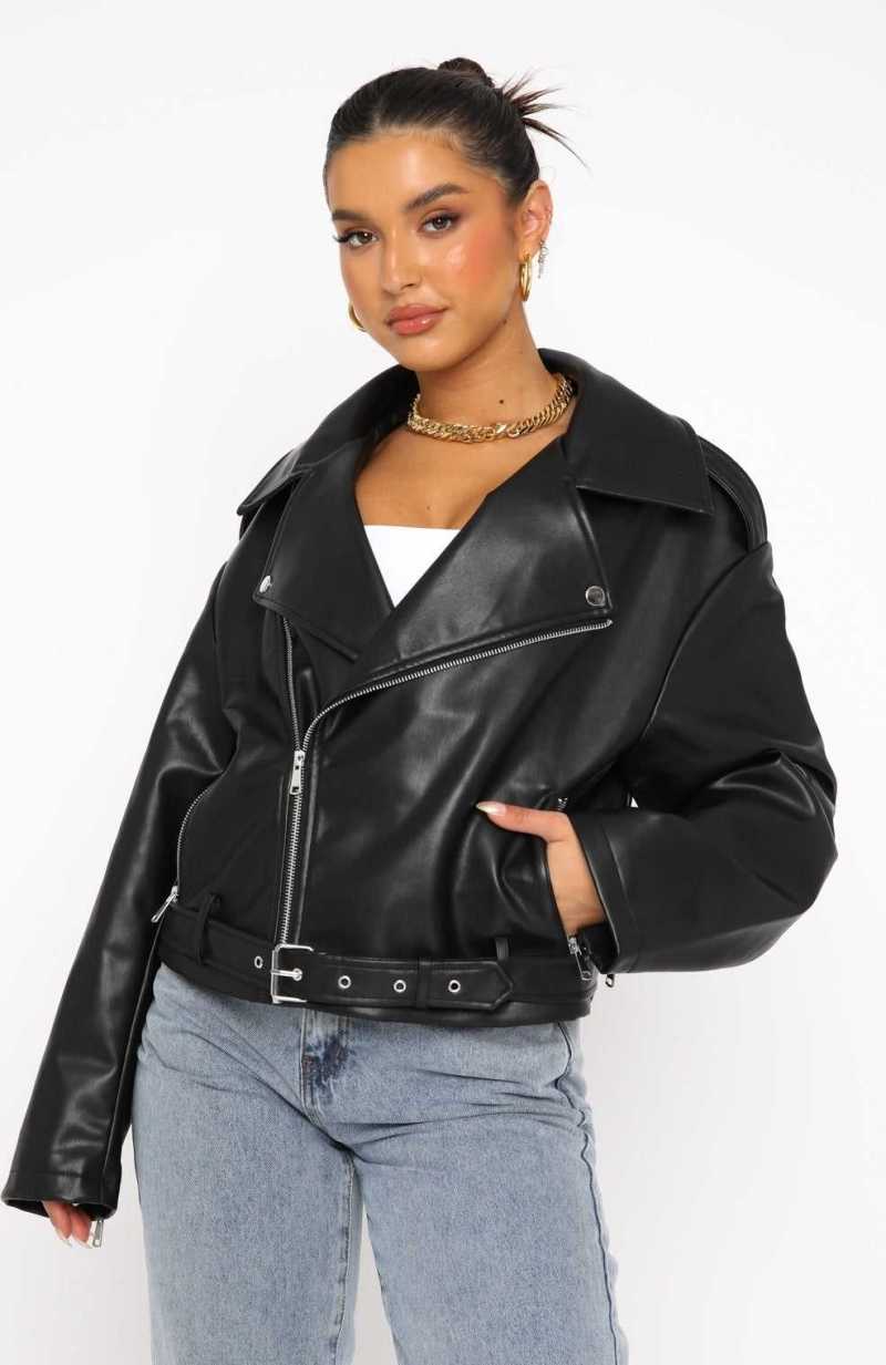 White Fox Seal The Deal PU Biker Jacket Black | EICDAZ-791