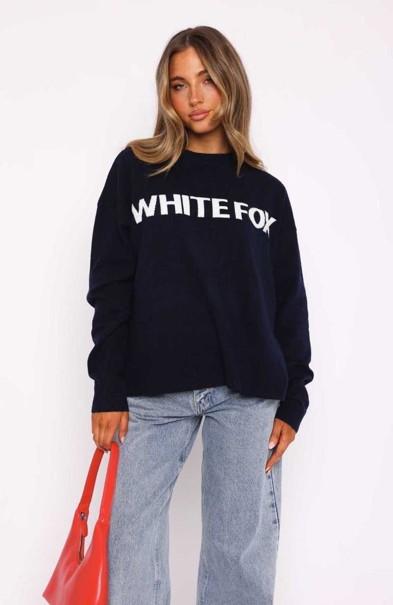 White Fox Set Me Free Knit Sweater Navy | NLADEM-023