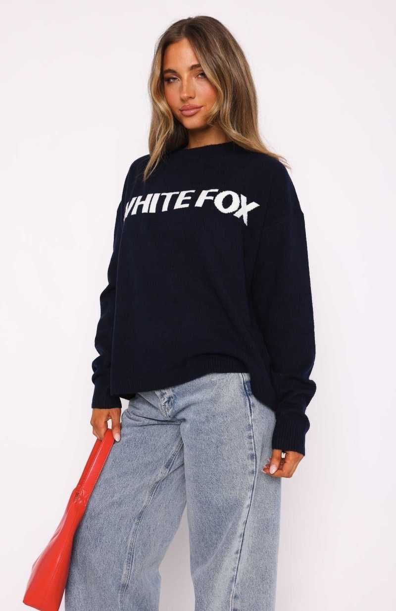 White Fox Set Me Free Knit Sweater Navy | NLADEM-023