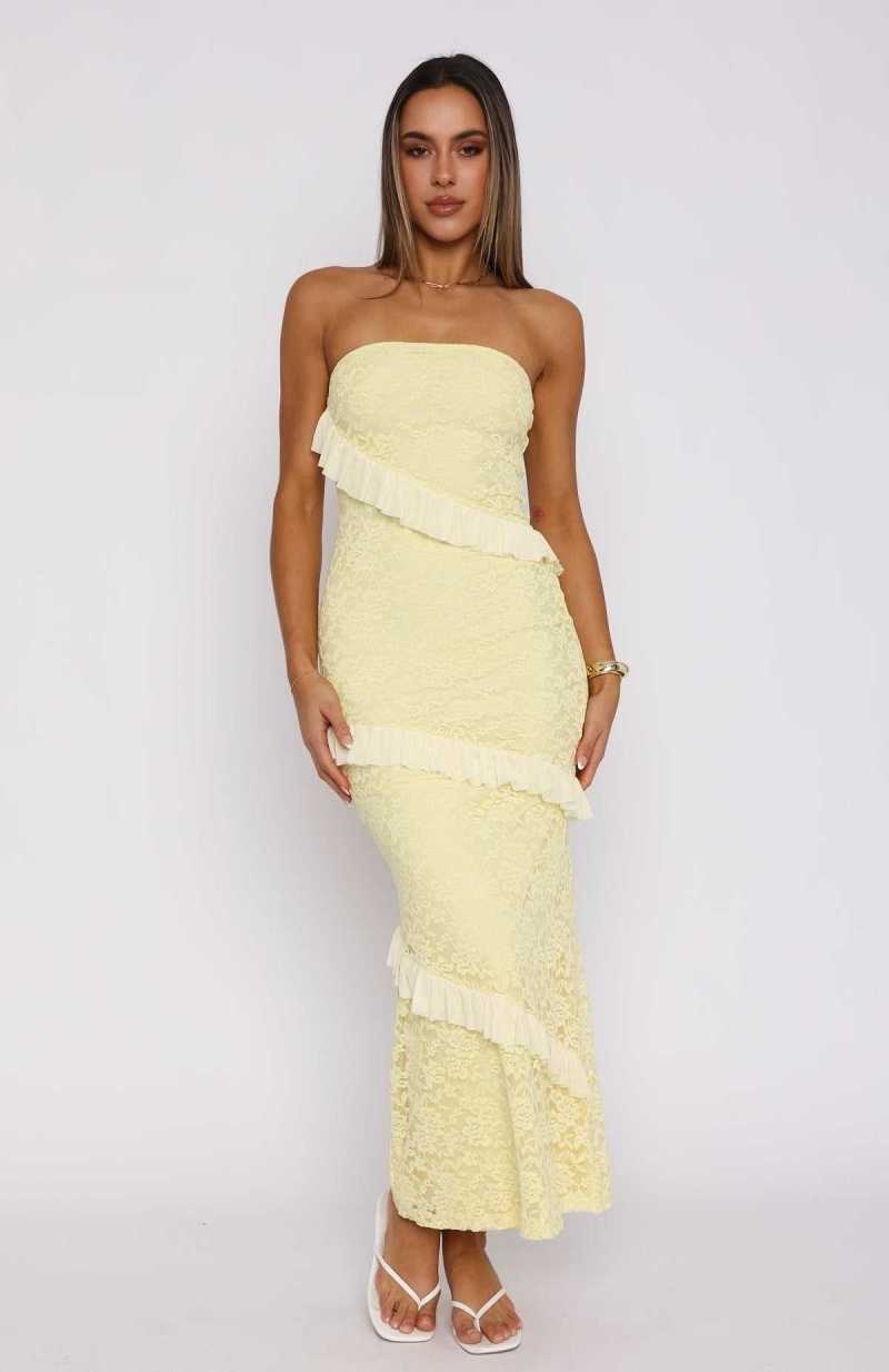 White Fox She's A Masterpiece Lace Maxi Dress Lemon | GIUNEA-864