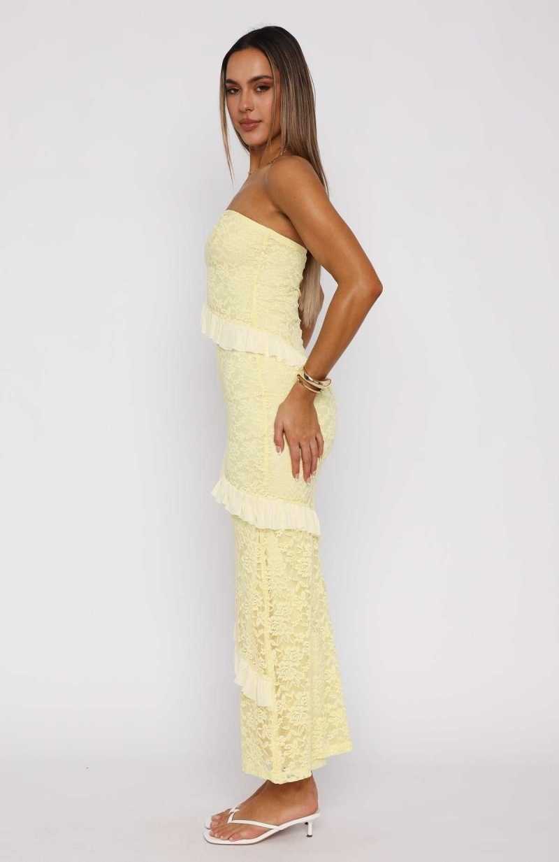 White Fox She's A Masterpiece Lace Maxi Dress Lemon | GIUNEA-864