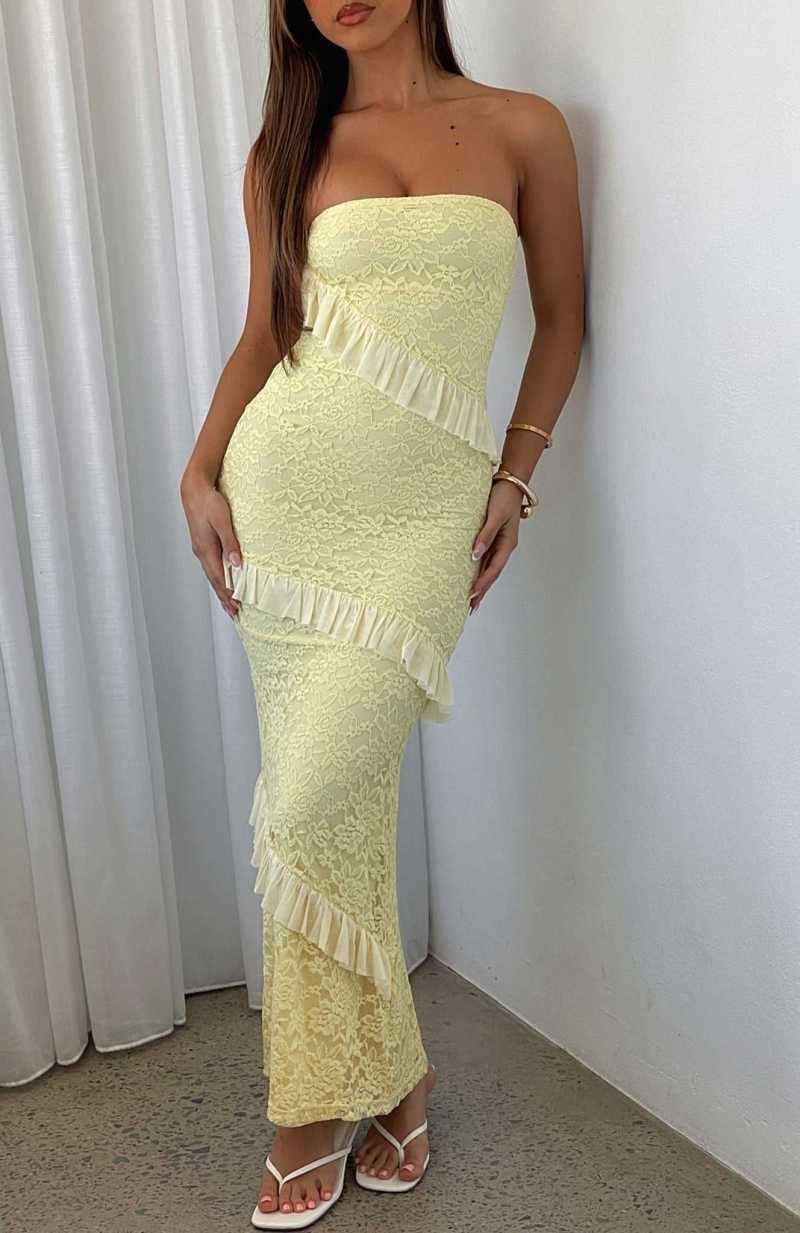 White Fox She's A Masterpiece Lace Maxi Dress Lemon | GIUNEA-864