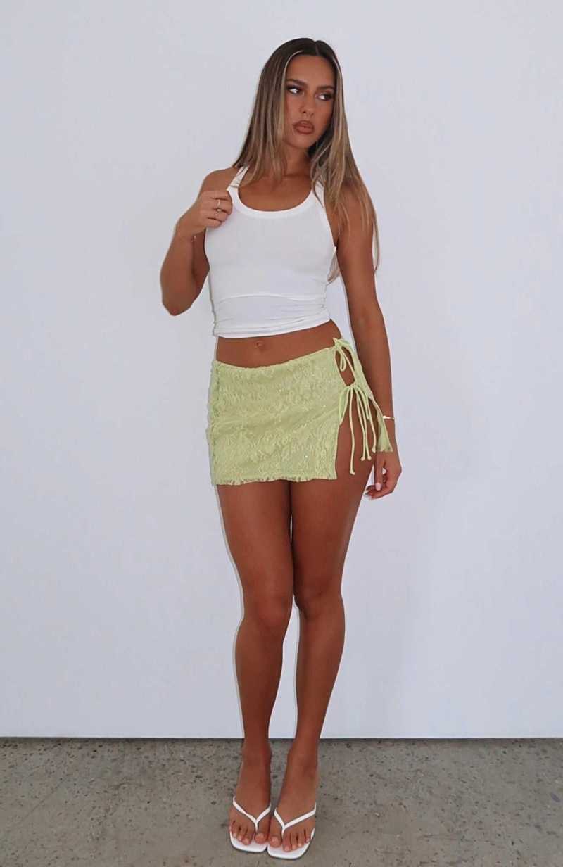 White Fox Shine Bright Lace Sequin Mini Skirt Matcha | VRFSZW-134