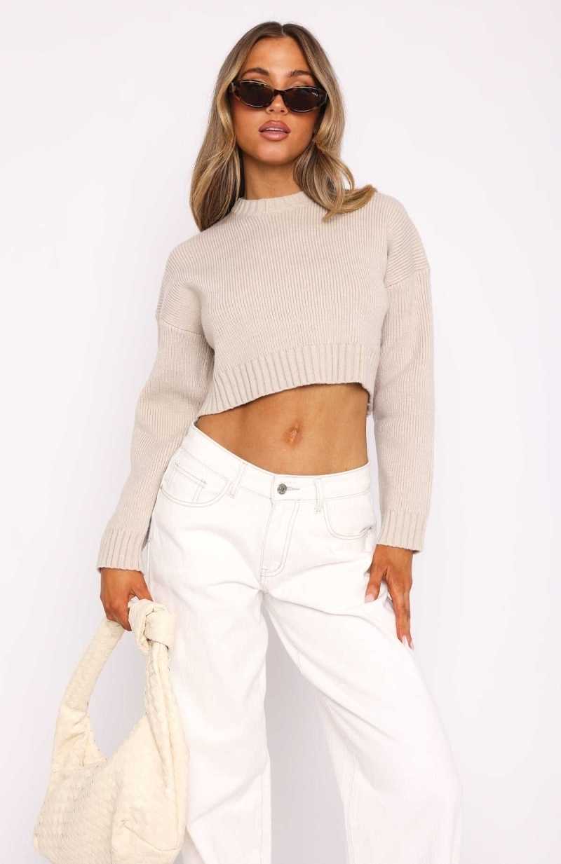 White Fox Slouch Around Cropped Knit Sweater Taupe | EHGDVK-734