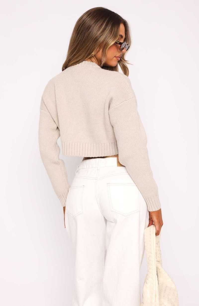 White Fox Slouch Around Cropped Knit Sweater Taupe | EHGDVK-734