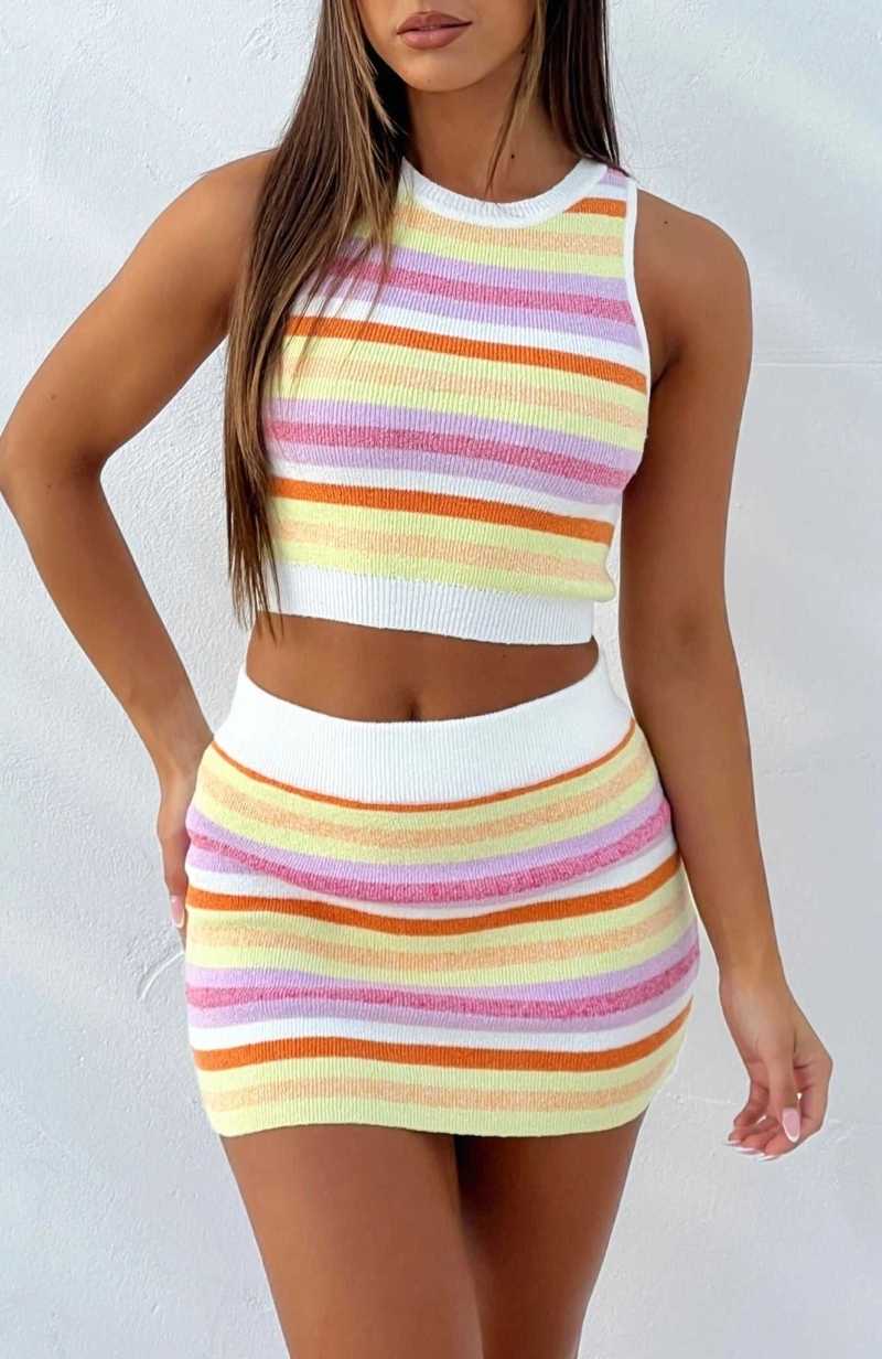 White Fox Slowing It Down Mini Skirt Calypso Stripe | DMHASP-802