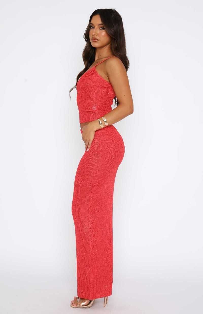 White Fox Star Shining Sequin Knit Maxi Skirt Red | YGVOAS-894