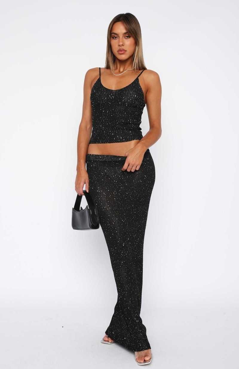 White Fox Star Shining Sequin Knit Maxi Skirt Black | CIUZRE-396