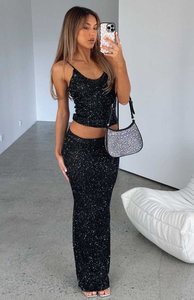 White Fox Star Shining Sequin Knit Maxi Skirt Black | CIUZRE-396