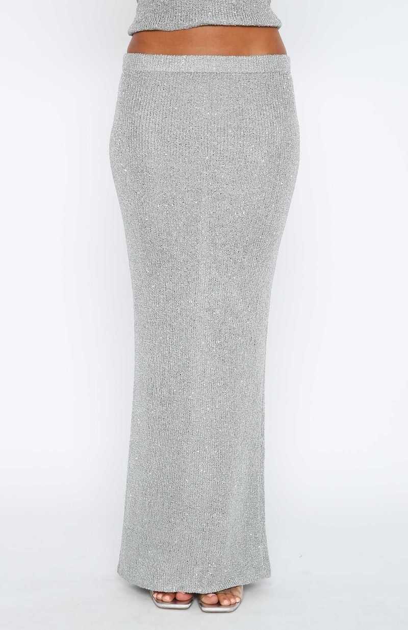 White Fox Star Shining Sequin Knit Maxi Skirt Grey | OXYHED-806