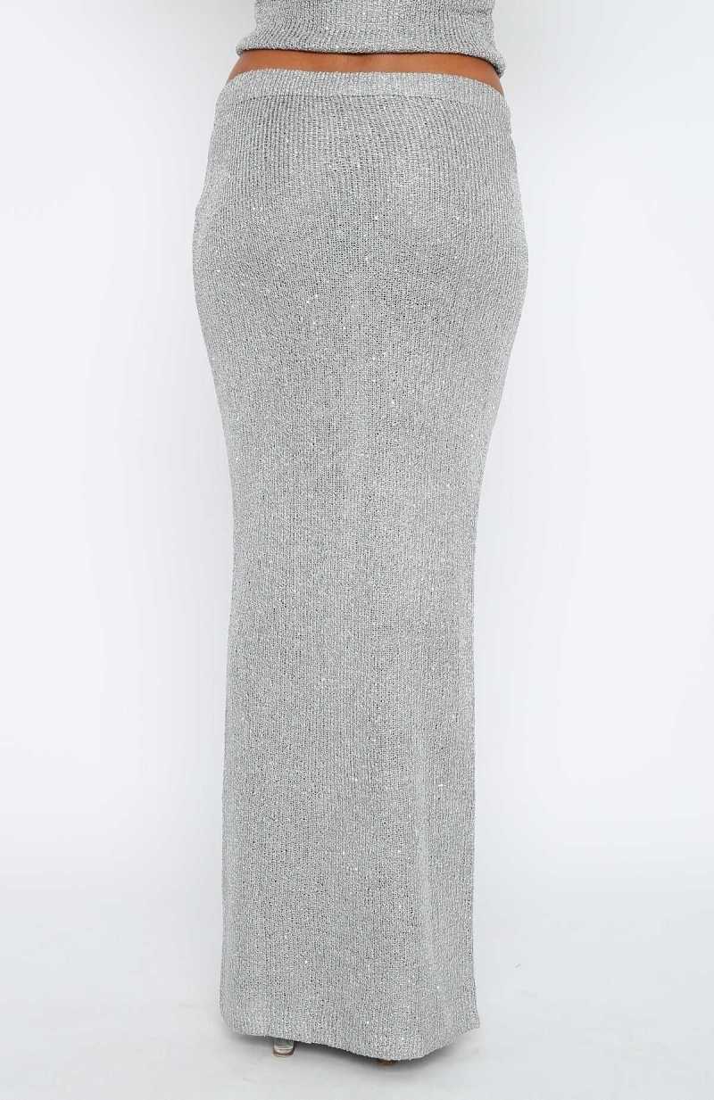 White Fox Star Shining Sequin Knit Maxi Skirt Grey | OXYHED-806