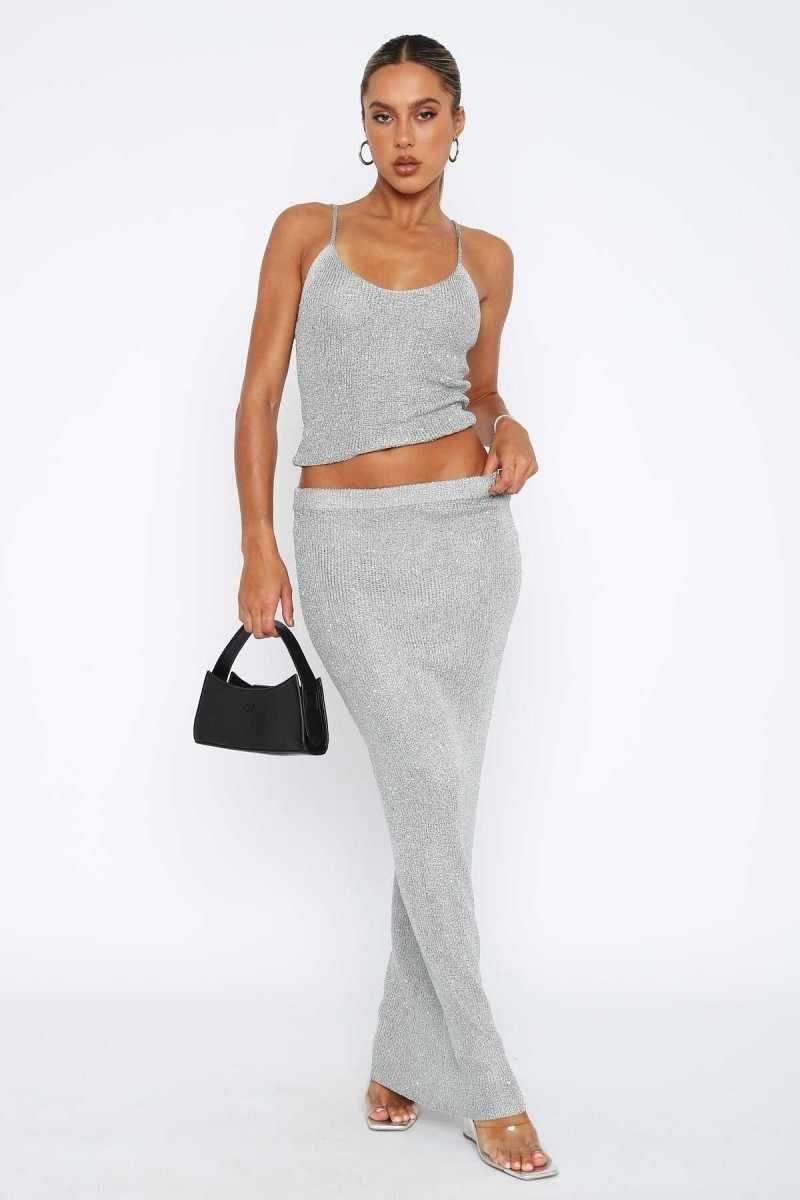 White Fox Star Shining Sequin Knit Maxi Skirt Grey | OXYHED-806