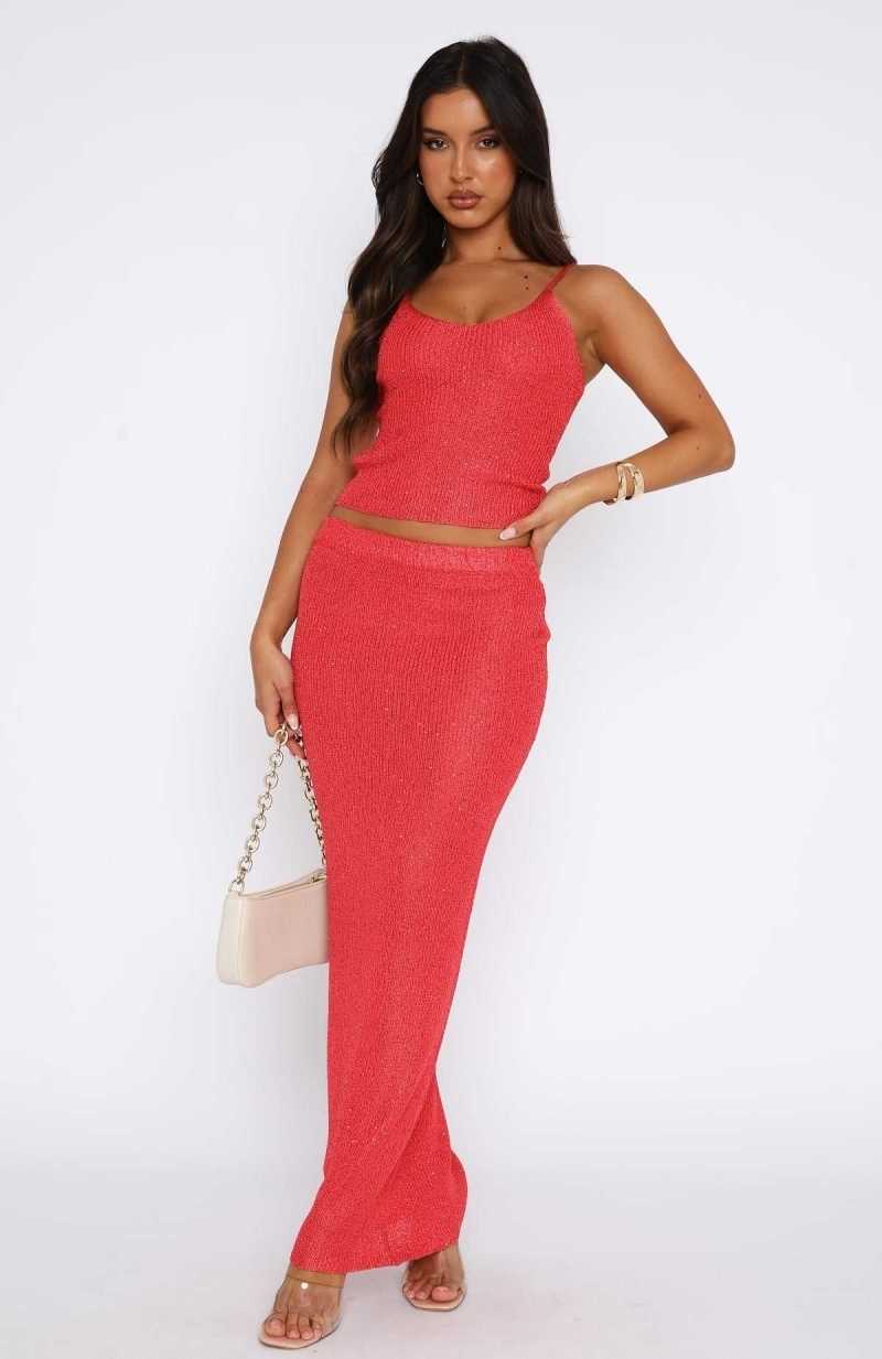 White Fox Star Shining Sequin Knit Maxi Skirt Red | NUILFB-792