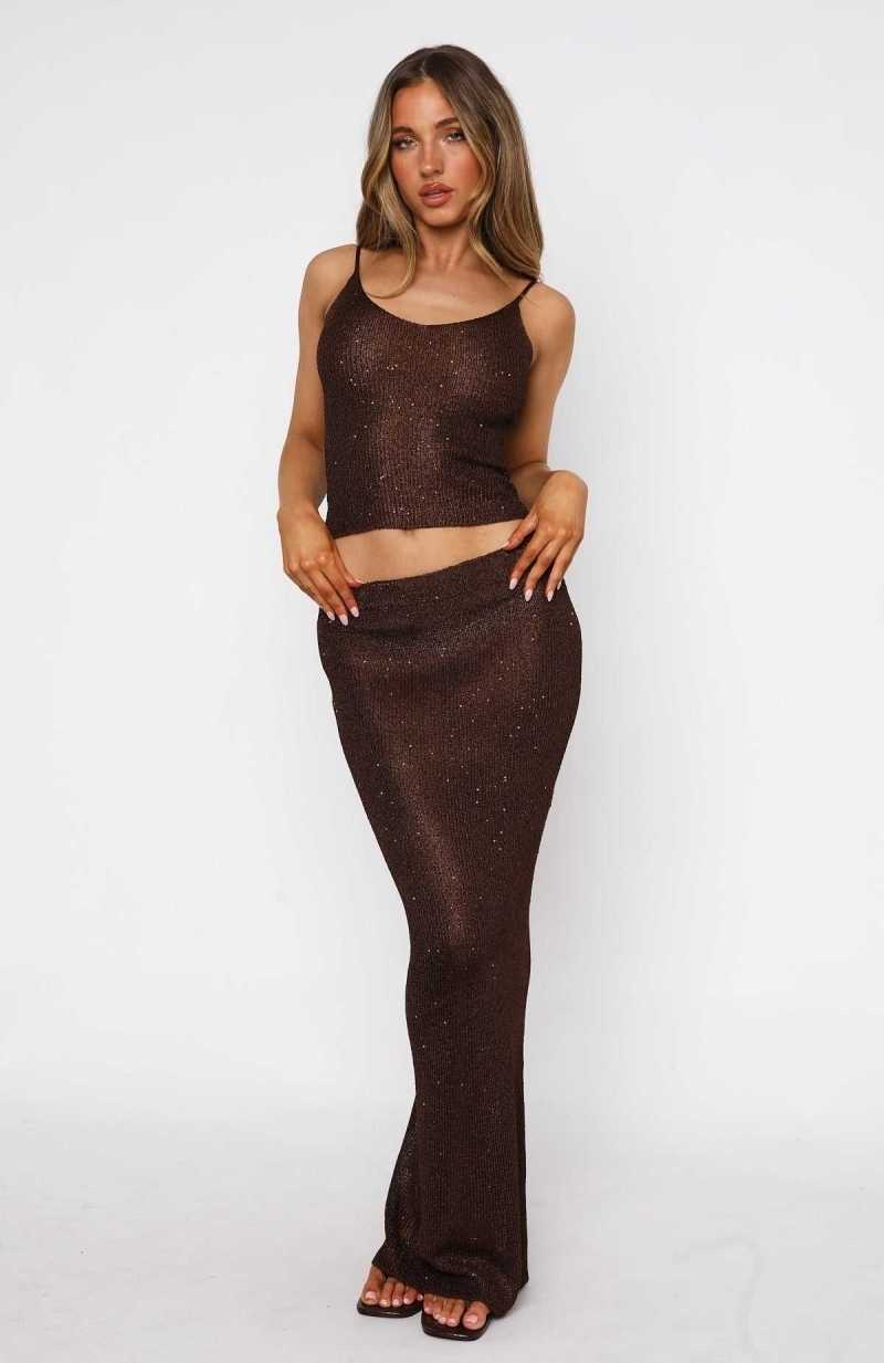 White Fox Star Shining Sequin Knit Maxi Skirt Chocolate | TMUFKH-914