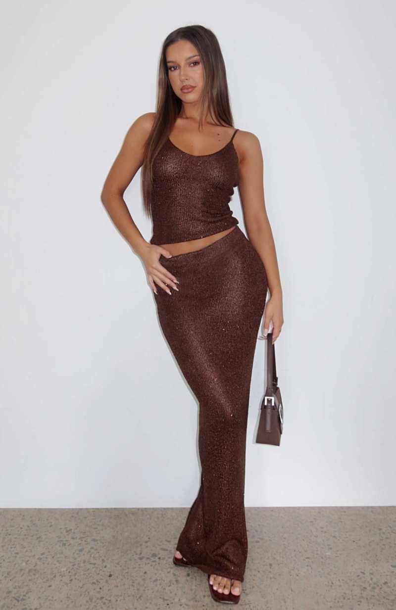 White Fox Star Shining Sequin Knit Maxi Skirt Chocolate | IHJOSP-460