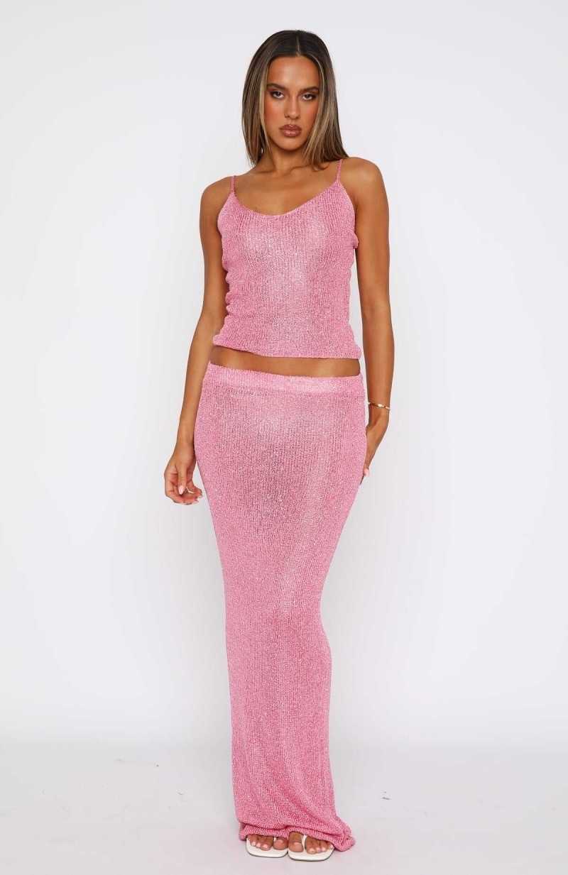 White Fox Star Shining Sequin Knit Maxi Skirt Bubblegum | MYTSKG-428