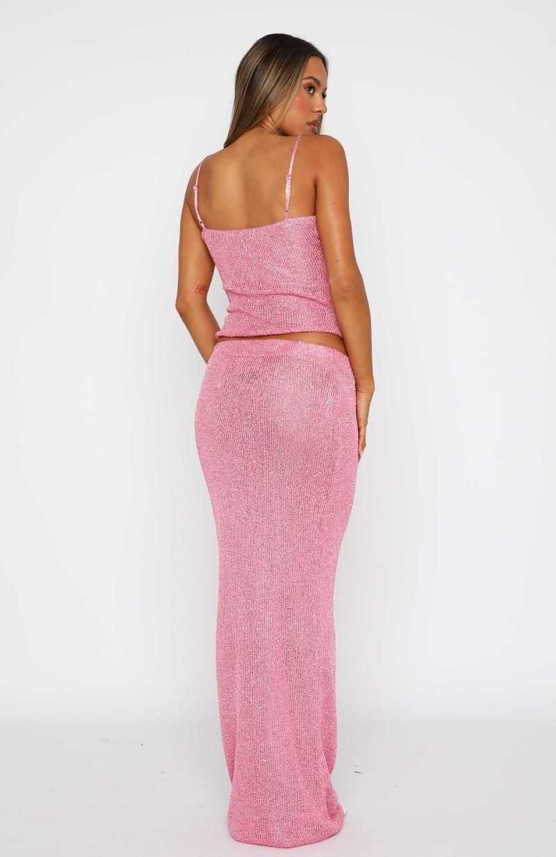 White Fox Star Shining Sequin Knit Maxi Skirt Bubblegum | MYTSKG-428