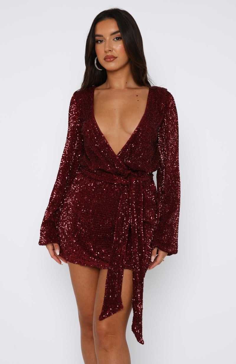 White Fox Stars Shining Long Sleeve Mini Dress Red Wine | OUMVEH-549