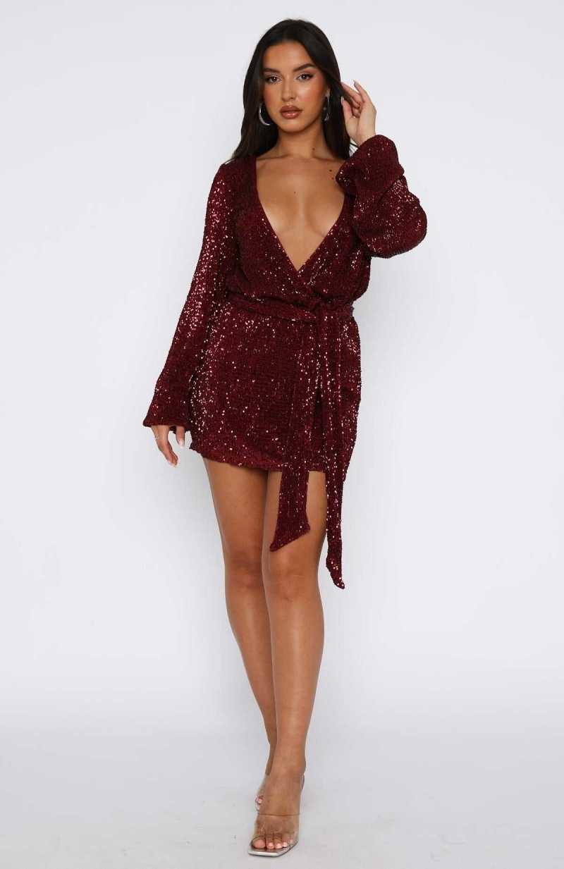 White Fox Stars Shining Long Sleeve Mini Dress Red Wine | OUMVEH-549