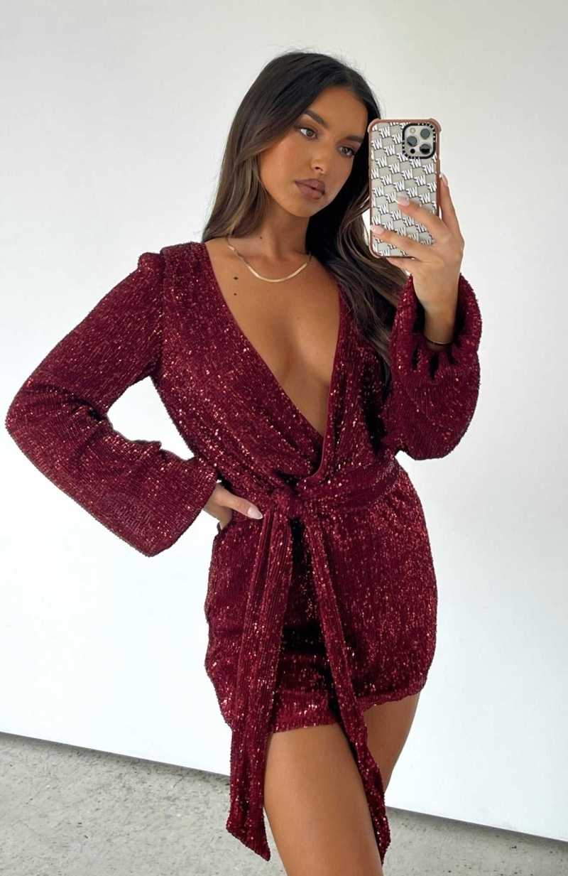 White Fox Stars Shining Long Sleeve Mini Dress Red Wine | OUMVEH-549