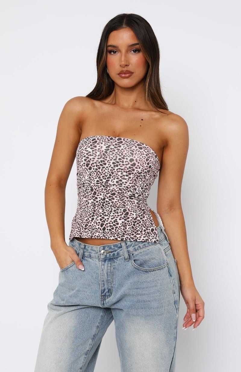 White Fox Stay Down Strapless Top Pink Leopard | IMKUXJ-158