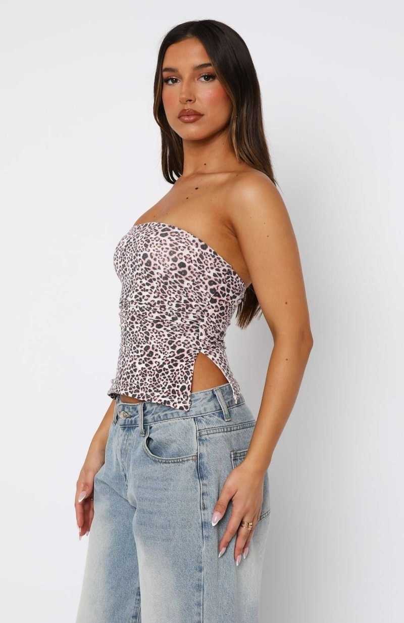 White Fox Stay Down Strapless Top Pink Leopard | IMKUXJ-158