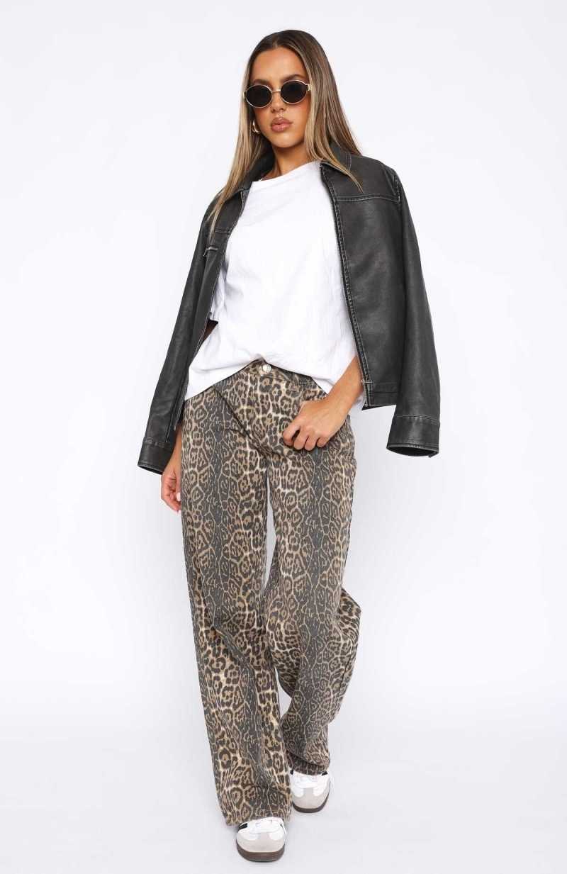 White Fox Stella Low Rise Wide Leg Jeans Leopard | LHTRYS-946