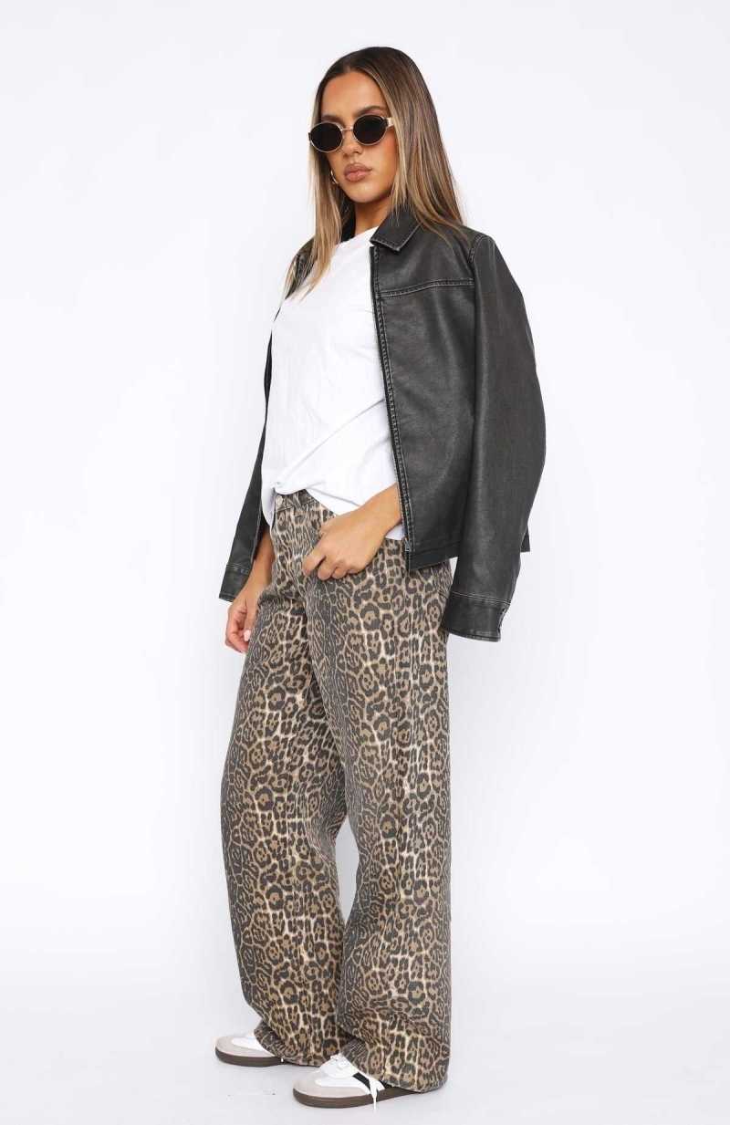 White Fox Stella Low Rise Wide Leg Jeans Leopard | LHTRYS-946